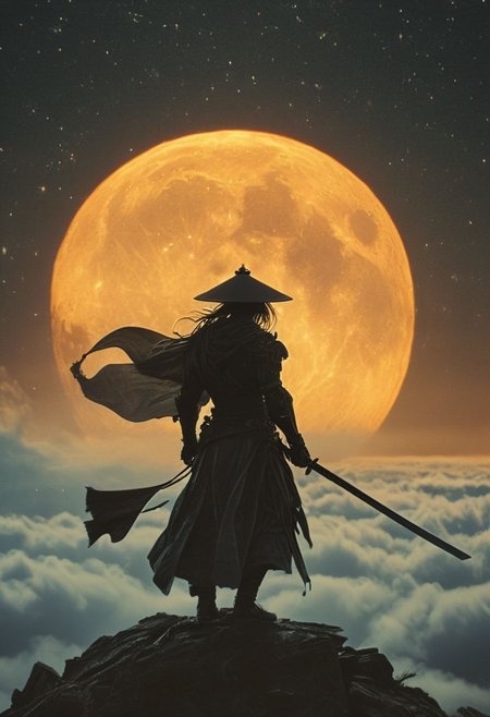 Capture the essence of transcendence and power in the stillness of a cyborg samurai meditating atop the wing of a colossal airborne carrier, piercing through the fluffy dense clouds. dark moonlit sky, Cloaked in sun-bleached linen, adorned with a towering translucente sss sedge hat veiling his face, his metallic intricacies faintly aglow in translucent orange, amidst a world of ethereal heights and serenity. Long Cape in Wind, 
., atmospheric haze, Film grain, cinematic film still, shallow depth of field, highly detailed, high budget, cinemascope, moody, epic, OverallDetail, 2000s vintage RAW photo, photorealistic, candid camera, color graded cinematic, eye catchlights, atmospheric lighting, imperfections, natural, shallow dof