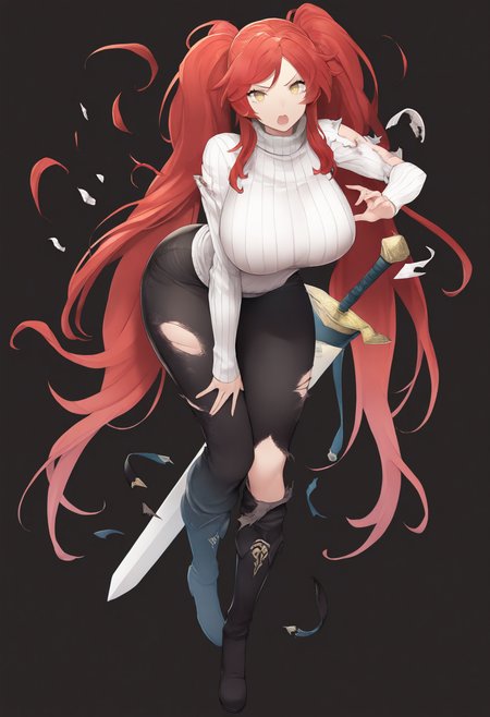 masterpiece, best quality, 1girl, solo, <lora:feh-style-richy-v1_ixl:1.0> fehdmg, torn clothes, full body, standing, black background, red hair, twintails, very long hair, yellow eyes, huge breasts, turtleneck sweater, white sweater, ribbed sweater, black pants, wide hips, black boots, open mouth, looking at viewer, sword, bent over