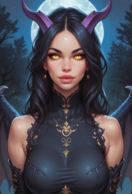 score_9, score_8_up, score_7_up, score_6_up, score_5_up, score_4_up, flat color, source_anime, anime coloring, 2d, 
BREAK. 
skindentation, textured skin, background, dragon humanoid, purple scales, purple horns, black skin woman, medium breast, slim waist, curvy thighs, long hair, black hair, parted bangs, black sclera, golden eyes, long lashes, dragon wings, dragon tail, dragonborn, scales, purple claws, purple leotard, ((night, big moon, dry trees, slit pupils:1.4))
((full-clothed)),
BREAK 
score_9, score_8_up, score_7_up, score_6_up, source_cartoon, rating_explicit, Expressiveh, (((((upper body))))), dynamic pose