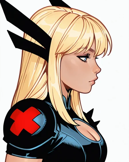 masterpiece, best quality, absurdres, perfect quality, absolutely eye-catching,   <lora:ChrisBachaloIllus:1> bachalo, <lora:Magik ModernilluLoRA:0.9> mgik, long hair, hair ornament, crop top, , cleavage cutout, single shoulder armor, from side, portrait, profile,