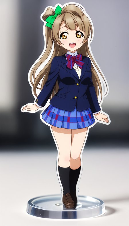 <lora:Koto-Umi-Riko-Shizu-Setsu-LLAS-LyCORIS-AnimagineXLV31-V5:0.85> <lora:acrylicStand:1:1:lbw=ALL26-OUTS:stop=28> 
1girl, looking at viewer, (full body:1.2) BREAK
(kotori-llas:1.3) BREAK
big pupils, large breasts, :d, upper teeth only BREAK
(w-oto:1.1), dark blue blazer, long sleeves, otonokizaka winter school uniform BREAK
(red bowtie, striped bowtie) BREAK
blue miniskirt, pleated skirt, plaid skirt BREAK
(acrylic stand, chibi, cut shape character, anime-style character acrylic stand, The acrylic stand is cut to the shape of the character:1.2) BREAK
(masterpiece, absurdres, very aesthetic:1.2), best quality, newest, perfect anatomy, perfect lighting, cinematic light, light particles, (depth of field, blurry background:1.2)