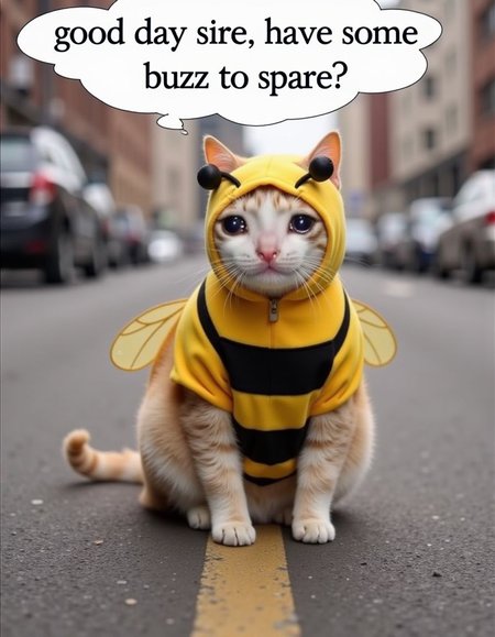 high resolution photo of a cute crying cat, wearing a cute bee costume with bee wings, sitting in the middle of a busy street. with text: "good day sire, have some buzz to spare?".  <lora:crying_cat:0.9>  <lora:TextimproverV0.4:0.8> aidmatextimprover