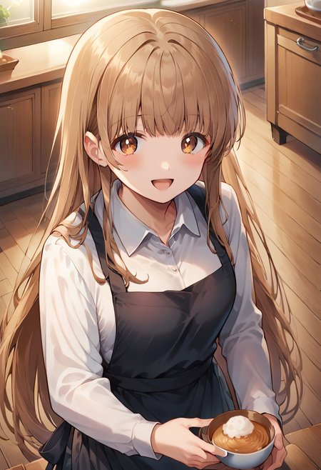 score_9, score_8_up, score_7_up, source_anime,mahiru shiina, brown eyes, long hair, brown hair, 1girl, solo, smile, shirt, apron, long sleeves, white shirt, looking at viewer, open mouth, blush, very long hair, wooden floor, :d, collared shirt