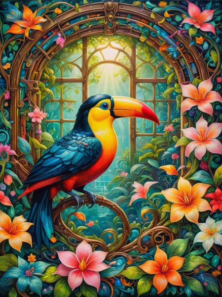 dreamlike, toucan, Amidst a realm of whimsical enchantment, a secret garden reveals, its intricate blossoms captivating the imagination, Shining through windows intricate details, abstract, whimsical,  <lora:RMSDXL_Creative:0.8> <lora:SDXLFaeTastic2400:0.8>