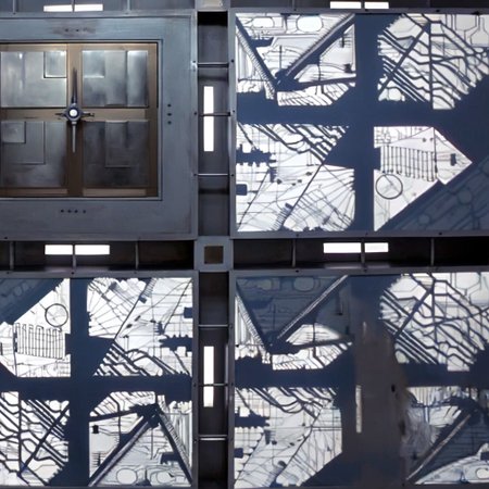 *A futuristic, cubic room where every surface—the floor, walls, and ceiling—looks identical, creating a symmetrical and disorienting space. The room is made of metallic panels, each featuring intricate, geometric patterns resembling advanced circuitry. These patterns are precisely cut into the metal, allowing a soft, white light to filter through, casting sharp, complex shadows across the surfaces. The cold, white light gives the room a sterile, almost otherworldly feel. The metallic surfaces subtly reflect the light and patterns, amplifying the sense of depth and making it difficult to distinguish one wall from another.
In the center of each of the six surfaces, including the floor and ceiling, is a square metallic door, seamlessly integrated into the surrounding panels. These doors are identical and blend into the room’s design, adding to the disorienting and claustrophobic atmosphere. The uniformity and symmetry of the room create a high-tech, sterile environment that feels isolating and mysterious.
The overall ambiance is one of eerie sophistication, blending advanced technology with unsettling uniformity. The space feels like a confining, enigmatic environment where every direction is the same, leaving anyone inside with a sense of isolation and uncertainty. Each surface of the room looks exactly the same. The room is 5 meters long in each direction.*