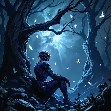In the heart of a mystical forest, a lone sentinel stands watchful beneath the boughs of an ancient, gnarled tree. The humanoid robot, forged from dark metallic hues and glowing blue accents, sits with an air of quiet contemplation, its head tilted back to marvel at the celestial ballet unfolding above. Fireflies, like tiny lanterns, dance across the twilight sky, their soft luminescence casting an ethereal glow upon the surrounding foliage. As the last rays of sunlight fade, the ambient light shifts, embracing a palette of deep blues and purples, imbuing the atmosphere, <lora:Flux_Turbo_Alpha.safetensors:1.0> <lora:ArcaneFGTNR.safetensors:0.8> ArcaneFGTNR arcane style <lora:aidmaFLUXpro1.1-FLUX-V0.2.safetensors:0.7> aidmafluxpro1.1