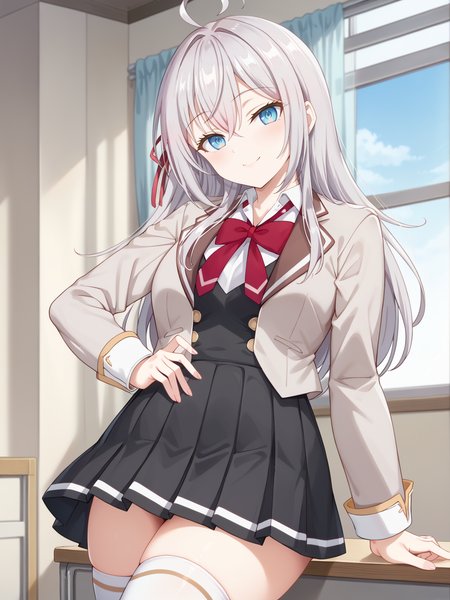 ((score_9)), ((score_8))
bedroom, smile, looking at viewer, cowboy shot, smile, pose, closed mouth, 
<lora:add-detail-xl:1>
alyav4, 1girl, long hair, grey hair, blue eyes, ribbon, hair ribbon,  hair between eyes, school uniform, jacket, shirt, white shirt, blazer, bow, bowtie, collared shirt, red ribbon, long sleeves, skirt, pleated skirt, black skirt, red bow, red bowtie, ahoge, thighhighs, white thighhighs,  <lora:Alya-sanV3-04:0.9>