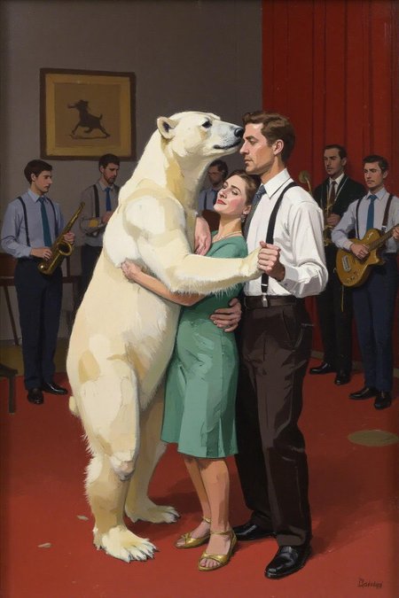 euanuglow1 painting of a man and a woman dancing with a polar bear at a jazz club. A band is playing in the background.
 <lora:euanuglow1_cap_d6aee11:1.0><lora:845538705629303330:0>