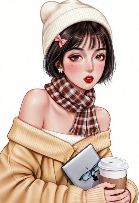 Tomie Kawakami, skirt, beanie, bang, short hair, plaid scarf, holding cup, parted lips, looking at viewer, bow, off shoulder, plaid, flower, holding eyewear
