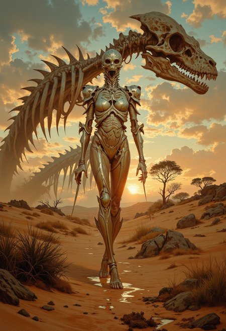 8k high quality digital painting , masterpiece, very detailed, ultra realistic, (best quality) very detailed epic masterpiece, unearthly beautiful, Rembrandt realistic oil painting, retro artstyle, score_9, score_8_up, score_9_up, very detailed, ultra realistic, (best quality) full body, a beautiful woman stands between the ribs of a gigantic skeleton of a prehistoric monster lying in a desert, sexy space suit, sexy, sun in the sky, sunset, the low sun creates long shadows, backlight, full body, realistic, realism, photo realistic, photo realistic, full body, realistic, realism, scary, realistic very dramatic lighting, rembrandt style, vermeer style, realistic realistic, realism, photo realistic oil painting, photo realistic painting