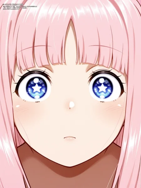 shiny skin, oily skin,megami magazine,  simple backgrounds,   <lora:issyousenkin_hongou_hina:1> issyousenkin_hongou_hina, 1girl, long hair, blunt bangs, sidelocks, star shaped pupils,pink hair,