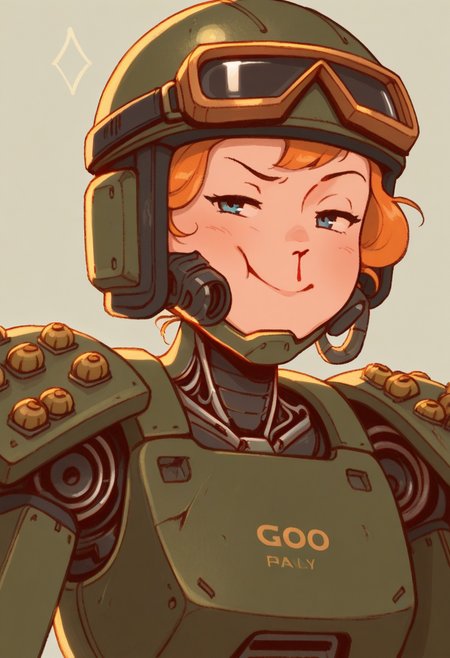 WhimsiFantasystyle,  masterpiece, best quality, solo, cyborg woman, smug,  cheek pouting, grenade style armor, goggles,  retroscifi, green mechanical eye, tubes coming out of from helmet, bloody nose,