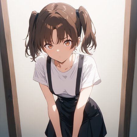 solo,cowboy_shot,looking at viewer,masterpiece,high score,great score,absurdres,<lora:Rei_Kawarazaki ag4o:1> rei_kawarazaki, brown hair, twintails, brown eyes,white shirt,black suspender_skirt,