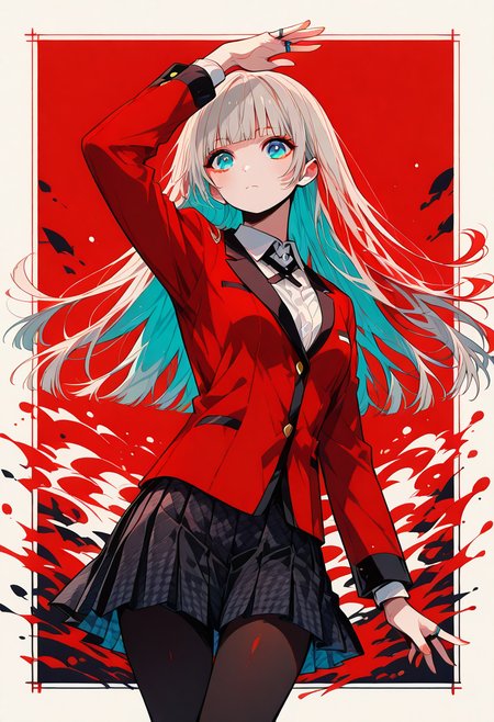 masterpiece, high quality, highres, flat colors, gradient, retro colors, sketch, ink splash, rings, abstract, dynamic angle, cinematic, neo_pop, red theme
1girl, solo, r1rika, long hair, grey hair, blunt bangs, hime cut, blue eyes
red jacket, blazer, long sleeves, white shirt, collared shirt, cross tie, black skirt, pleated skirt, houndstooth, black pantyhose
dynamic pose, posing, outside border
<lora:add-detail-xl:1.10>  <lora:Neo-Pop_Illustrious:1>  <lora:kakegurui_ririkamomobami_illustriousXL:1>