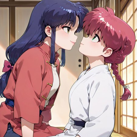 masterpiece,best quality,amazing quality,very aesthetic,absurdres,newest, huge filesize,
<lora:spo_sdxl_10ep_4k-data_lora_webui:0.5>,
<lora:add-detail-xl:1>
1girl ranma, long_hair,red_hair, braided_ponytail, green eyes, sitting female,
1girl akane, low-tied_long_hair, sidelocks, blue_hair, hair_bow,  brown_eyes
 (from side,side view), seductive smile, 
open clothes,  looking each other, looking up, focus on face, head at center of frame