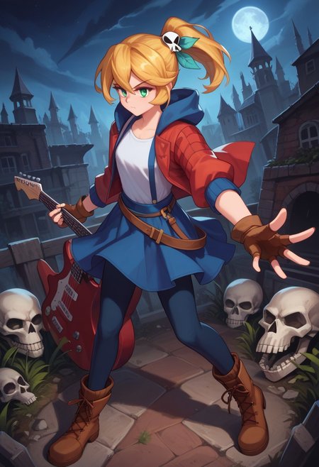 score_9, score_8_up, score_8, 1girl, electric guitar, holding guitar, field of view, dynamic pose, dynamic angle, detailed backgrounding , standing in crypt, dark crypt, nighttime, moonlight, 
rift cadence, rift cadence, solo, skirt, blonde hair, shirt, hair ornament (skull), gloves, green eyes, jacket, suspenders, ponytail, pantyhose, boots, open clothes, belt, hood, fingerless gloves, open jacket, blue skirt, brown footwear, red jacket, brown gloves, (masterpiece, detailed:1.2), Dark Fantasy page
