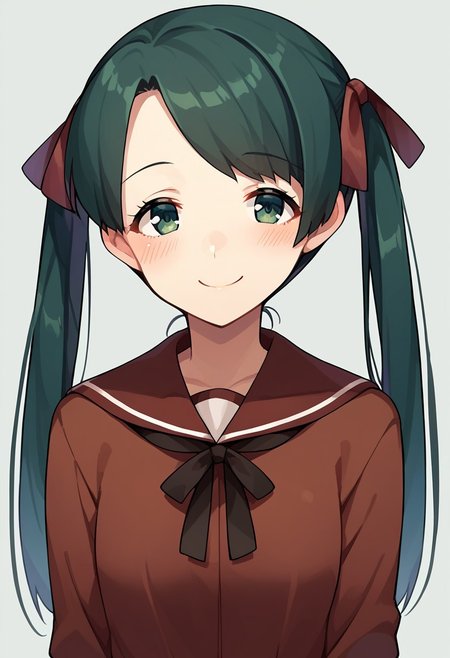 score_9, score_8_up, score_7_up, source_anime, mikuma (kancolle), twintails, 1girl, solo, ribbon, hair ribbon, looking at viewer, smile, blush