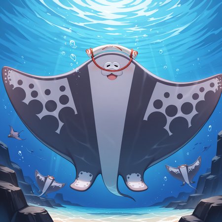 masterpiece, best quality, newest, absurdres, highres, safe, <lora:Big_Man_Splatoon_-_IL:0.80> big man, manta ray, dark grey and light grey body, fins, headwear, cute face, :3, swimming in the ocean, swimming, underwater background, looking at viewer, detailed background,  (((shaded))), ((detailed)), ((vibrant)), <lora:NOOB_EPSv1_1_detailer_by_vlnvk_v1_0:1>