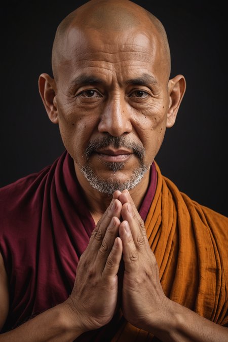 half body photo of monk 52 y.o man,namaste hands,8k uhd,high quality,dramatic,cinematic
