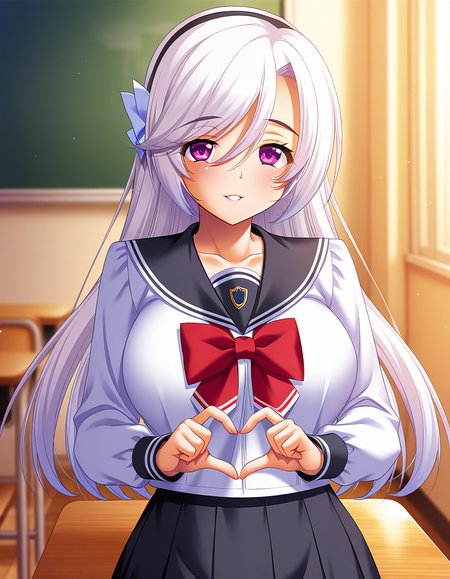 masterpiece, best quality, amazing quality, very aesthetic, high definition, official art, ultra detailed,
1girl, solo, watase_nagisa, purple eyes, long hair, hairband, white hair, , hair between eyes, white hair ornament, large breasts BREAK
school uniform, sailor collar, black sailor collar, red bow, pantyhose, pleated skirt,  black skirt, blush, smile, parted lips, looking at viewer, standing, pinup, heart hands, in classroom, sharp focus, depth of field, highly detailed<lora:watase nagisa v1.00-000016:1>