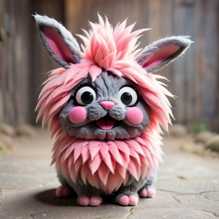 source_anime, Cute wonderful creatures, World Morph Felt, Microphotography, chibi, a cute  fluffy rabbit,pink and grey,  in the style of alexander-jansson, ispzxll, In a felt puppet world style