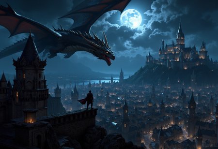 A large medieval fantasy city, night, the moon is shining brightly, glare from the moon, a castle with fortresses on a hill, a huge and detailed house-of-the-dragon-style dragon flies over the city  MythP0rt
<lora:FredFraiStyle-FLUX-Share:0.5>  <lora:FluxMythP0rtr4itStyle:0.7>   <lora:dark_fantasy_flux:0.9>