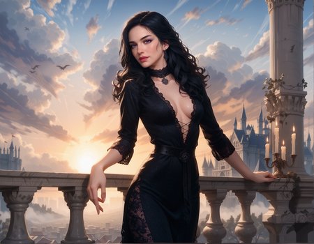 (score_9, score_8_up, score_7_up),  yennefer_w3, woman, medium breasts, long black hair, wavy hair, solo, black dress, lace, cleavage, magical glow, slender figure, light by candle, BREAK looking at the viewer, soft smile, warm look, calm, purple eyes, purple makeup, mole,  BREAK ornate purple dress, silver detailing, fitted bodice, flowing skirt, BREAK standing on balcony, from behind, back view, sunrise glow, BREAK castle balcony, distant mountains, soft sunlight, warm golden light, early morning sky,  <lora:incase_style_v3-1_ponyxl_ilff:0.5>  <lora:Expressive_H-000001:0.4> Expressiveh,<lora:witcher3_ciri_yen_triss_ponyxl:0.6>