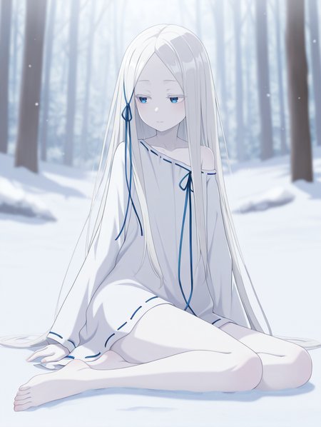 <lora:Pandora Illu:1>p4ndora, white hair, blue eyes, colored eyelashes, parted bangs, pale skin, 
blue ribbon, long hair ribbon, w1tchdress, ribbon-trimmed dress, shoulder slip, 
sitting, feet, looking to the side, on ground, 
snow, depth of field, blurry background, trees, forest,