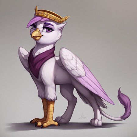 masterpiece, score_9_up, score_8_up, score_7_up, score_6_up, source_furry, (best quality:1.1), ultra-detailed, high resolution, solo, 1bird girl, Taillow Sumpfkiel, countess, griffon, avian, feral, female, mlp, ((beautiful detailed purple eyes)), long eyelashes, purple eyebrows, beak, wings, tail, white feathers, white plumage, feathery ears, (feathery pink hair), plump body, modest gold crown, full body, simple background