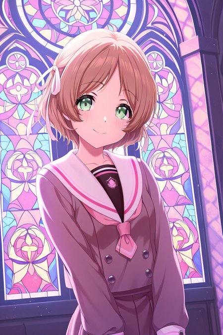 masterpiece, best quality, amazing quality,
 <lora:Miiko_IL:1> miiko, 1girl, solo, school uniform, stained glass, skirt, smile, white sailor collar, sailor collar, looking at viewer, shirt, brown hair, long sleeves, short hair, ribbon, serafuku, green eyes, hair ribbon, lillilly school uniform