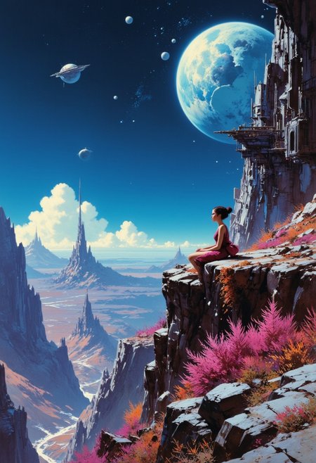 ghiblistyle fantasy oil painting, retro sci-fi, young girl sitting on the side of a cliff on a fantastical alien planet. A fantastical planet and multiple stars and moons fill the sky, enhancing the sci-fi atmosphere.