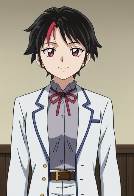 source_anime,anime screencap, anime coloring,intricate details,rating_safe, masterpiece, best quality,
(best quality, absurd res, ultra detailed),,(4 finger:0.5),1girl, ((solo)), good eyes,perfect eyes,,detailed eyes, zPDXLxxx , zPDXL3, OverallDetail,detailed, detailed face
BREAK
solo,indoors,standing,front view,
towa, 1girl, red eyes, short hair, white jacket, grey shirt, long sleeves, white pants, belt, multi-colored hair, streaked hair, black hair,  medium breasts,
smile
, <lora:add-detail-xl:5>  <lora:Towa_Inuyasha_-_Yashahime:0.8>