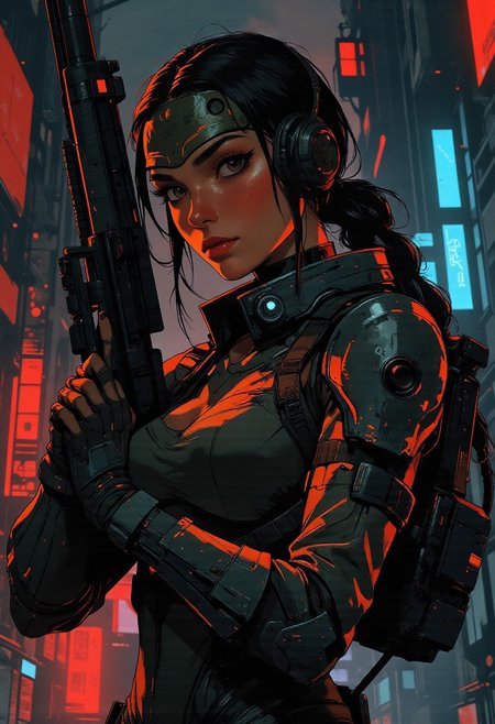 magnificent, closeup portrait, female bounty hunter, braided black hair, futuristic armor, battlesuit, mechanical armor, sleek armor, sexy, curvy, large breasts, large ass, aiming an assault rifle, assault rifle, aiming rifle, Cyberpunk City, Neon Lights, foreshortening,
solo, 
Cowboy Shot, close up, from above,