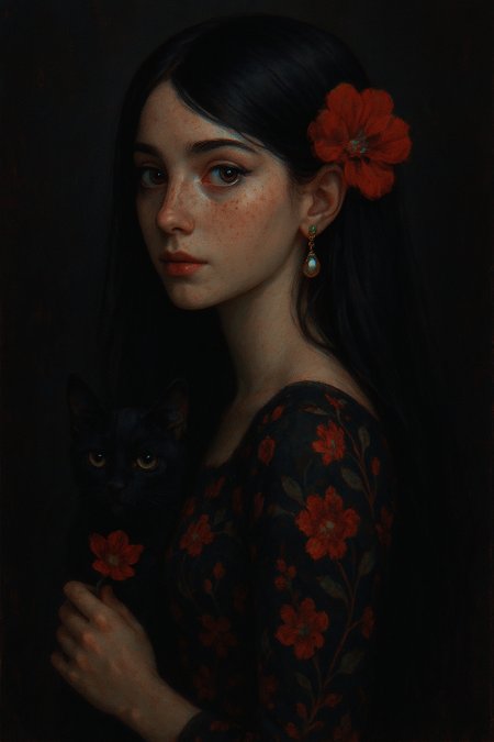 1girl, solo, long hair, looking at viewer, black hair, hair ornament, dress, brown eyes, jewelry, upper body, flower, earrings, hair flower, from side, floral print, cat, red flower, freckles, chromatic aberration, dark theme,limited palette,three quarter view