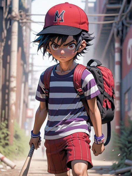 Anime style, ultra detailed, masterpiece, young boy,black hair, wearing backwards red unaffiliated baseball cap, striped shirt, purple shorts and a backpack, red shoes, baseball bat,  <lora:add-detail-xl:0.8>