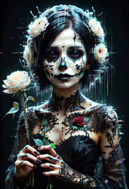 1girl, detailed face, emo makeup, short hairs, veil, black wedding dress, 
biolumen, holding single rose flower, black rose, the  contur of the petals glow eerily white, dim light, intricate details, horror theme, cementary, detailed background, slimes_flowerwm, made of flowers,
BL4CK3STBL4CK, black_theme, matte_color, flat color, boneswm, glitch style