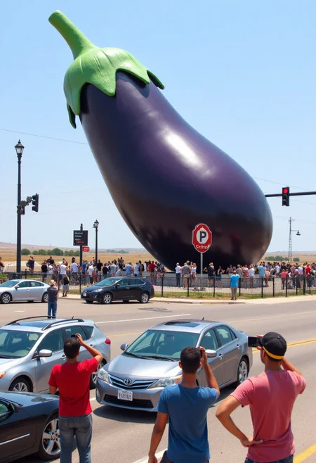 <lora:Roadside_Attraction_Assembler_FLUX_r1-000007:0.9>   
Photo depicting a surreal scene at a "world's largest eggplant" roadside attraction, along with people taking photos of it and cars parked near it.