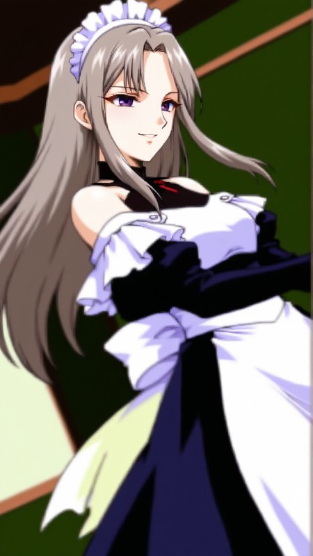 source_anime, general, best quality, masterpiece, 1girl,  <lora:Maria_Nichols_ill:1> maria_nichols\(gbattle\),long hair, grey hair,purple eyes,sidelocks, bare shoulders, maid, maid headdress, maid apron, smile, seductive (smile:0.7), dynamic pose, dutch angle, cowboy shot,