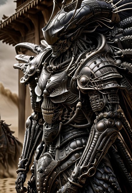 stunning, magnificent, HD, photorealistic, samurai, dramatic lighting, solo, standing alone in a desert, intricate details, intricate armor, intense gaze, mythical, legendary, powerful, ((dark, evening)), cinematic, close-up, art by hr giger,
 armor, science fiction, no humans,
 vintage painting,painting,realism,Americana art,artistic style