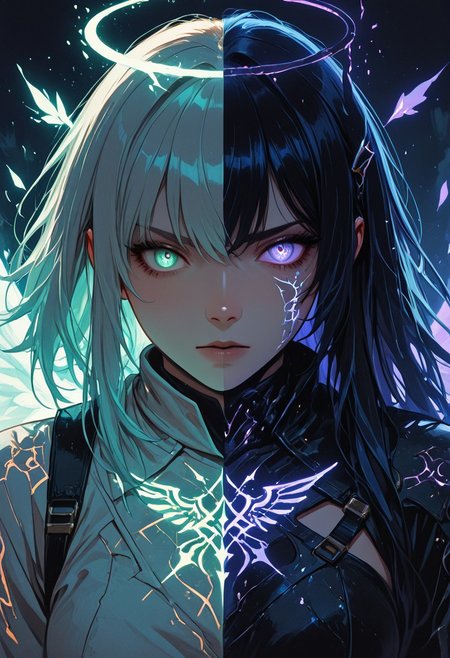 (masterpiece), (best quality), (8k), two girls, angel and demon, intense stare-down, not fighting but full of tension, glowing eyes, magical aura, emissive lighting effects, cinematic lighting, golden hour glow, divine vs infernal contrast, glowing halo above angel, broken or burning halo above demon, floating sparks, glowing tattoos or markings, glowing feathers vs shadowy wings, ambient light particles, symmetrical composition, high detail, soft shadows and light contrast, dramatic environment, detailed armor and flowing cloth, mystical energy in air,