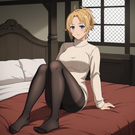 ,,,masterpiece,best quality,highres,4k,8k,intricate detail,cinematic lighting,perfect_eyes,High face detail,rating_explicit,high resolution,detailed eyes,
(score_7_up), source_anime,anime coloring,anime,(anime screencap),,zPDXL,
,,detailed background,, day, Medieval architecture, medieval, indoors, bed, on bed,
, looking at viewer, full body, light smile, lying on bed,on back, 
, alternate costume,  (sweater dress), turtleneck sweater, white sweater, ribbed sweater, black pantyhose,
,,zenith greyrat,mushoku tensei, short hair, blonde hair, blue eyes, ahoge, parted bangs, short ponytail,mature female,
,  <lora:Zenith_Greyrat_PonyXL_v1:0.65>