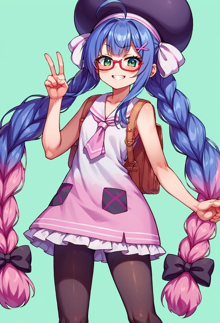 score_9, score_8_up, score_7_up, source_anime, BREAK
<lora:OtomachiUna_MMD_Pony_V1:0.85>Otomachi_Una, green eyes, gradient hair, blue hair, pink hair, very long hair, twin braids, black hair bow, hairclip, large ahoge, x hair ornament, sidelocks,
large hat,  purple hat, hat bow,
red-framed eyewear, under-rim eyewear,
short dress, sleeveless dress, frilled dress, randsare,
pantyhose, white footwear, shoes,
(cowboy shot:1.5), cute, kawaii, ((Petite)), smug, smirk, blush, teeth, peace sign, double peace sign,(ftame out hat)
(bronze background, simple bacground,,green background, simple bacground,,)