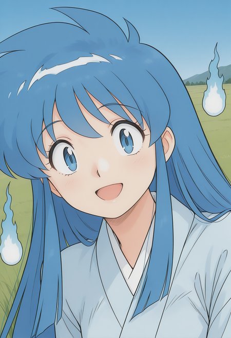 okinu-chan, hitodama, blue eyes, blue hair, sidelocks, long hair, japanese clothes, long sleeves, <lora:gs_okinu-chan_illustrious_ver2:0.8> 
smile,, masterpiece, best quality, sensitive,, 1girl, solo, blue sky, (grasslands:1.2), looking at viewer,, (upper body:1.2), (close-up:1.2), (facing viewer:1.2), (open eyes:1.4), (portrait:1.2)