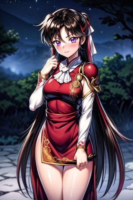 best quality 1girl Setsun4 solo long hair,  (night time) forest background black hair very long hair purple eyes multicolored hair armor, small, (fur trim) (medium body),<lora:EMS-179-EMS:0.800000>,<lora:EMS-293862-EMS:0.800000> bow, hair_bow, hair_tubes, red_bow, brown_hair, long_hair, bangs, ascot, frilled_bow, yellow_ascot, blush, smile, hair_between_eyes, athletic, armor, miko, ,(((intricate outfit,intricate clothes,embroidered outfit,ornate outfit,embroidered clothes,ornate clothes))), strengthmda