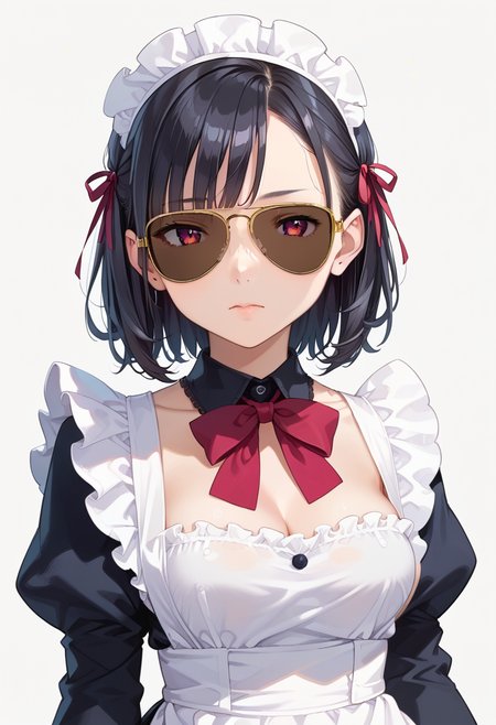 score_9, score_8_up, score_7_up, rating_safe, masterpiece, best quality, absurdres, unity 8k wallpaper, official art, official style, source_anime, uncensored, game cg, megami magazine,
1girl, solo, black hair, medium hair, upper body, maid, maid headdress, black dress, maid apron,
sg-AVIATOR, sunglasses, dark-tinted eyewear, covered eyes, white background, simple background, yellow-framed eyewear
 <lora:glasses_aviator_PONY_V2:1>