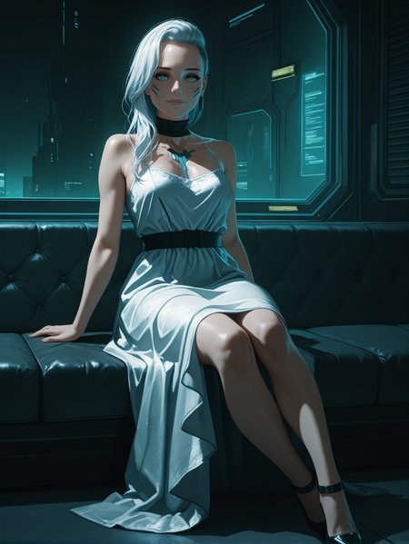 masterpiece, best quality, amazing quality, very aesthetic, absurdres, newest,
<lora:ILCyberRogueOld:1.0>
CyberRogueOld, 1girl, white hair, asymmetrical hair, blue eyes, looking at viewer, cyberpunk, elegant dress, intricate details, cinematic lighting, soft glow, ethereal beauty, ultra-realistic, highly detailed, 8K render, masterpiece, Vogue photoshoot, stunning background, breathtaking scenery, sitting, full body