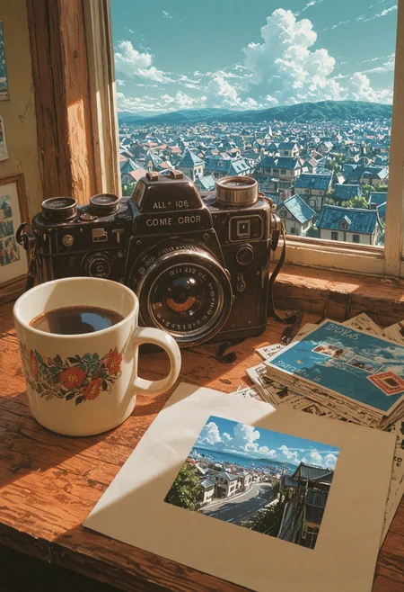 no humans, vintage camera, film camera, coffee mug, steam, polaroid photos, photographs, photo album, wooden table, scattered paper, travel postcards, sticker on mug, winow frame, window sill, urban street, village scape, rooftops, shop signs, outdoor view, daytime, summer, blue sky, cumulus clouds, soft lighting, sunny day, colorful, highly detailed, warm palette, first person view, looking out window, desk view, foreground focus, depth of field, blurry background,               
masterpiece, amazing quality, best quality, scenery, anime coloring
