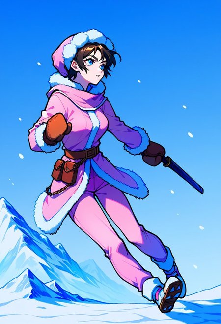 score_9, score_8_up, score_7_up, source_anime, icnana, snow, upper body, blue sky, weapon, brown gloves, fur-trimmed sleeves, brown mittens, shoes, pink pants, medium breasts