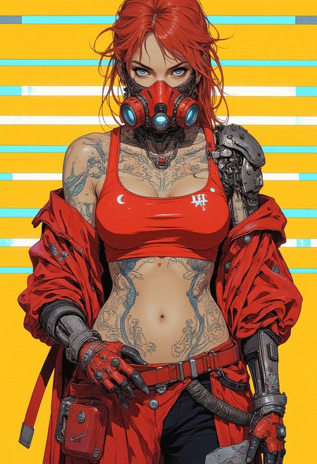 A highly detailed digital illustration of a striking cyberpunk woman with porcelain-pale skin, a slender yet muscular build, and a fierce, confident expression. Her long, red hair is pulled back into a high, messy bun with loose strands framing her face. She wears a red cropped tank top that exposes her midriff, revealing an intricate biomechanical tattoo resembling circuitry and neon-lit filigree across her ribs and collarbone. Over it, she wears an open red jacket enhanced with embedded LED strips, exposed wiring, and reinforced plating, exuding a high-tech, battle-ready aesthetic. A bulky red utility belt with multiple compartments, metallic clasps, and cybernetic enhancements rests on her hips. Her hands are encased in sleek, high-tech gloves with integrated touch-sensitive panels, and she wears a futuristic red gas mask with glowing blue filters and metallic tubing, amplifying her armored, dystopian look. The background is a bold yellow with symmetrical, iridescent horizontal stripes stretching from the top frame to the bottom, evenly spaced, creating a hypnotic and futuristic atmosphere. The artwork is rich in texture and intricate cybernetic details, blending cyberpunk aesthetics with a hyper-detailed illustrative style.