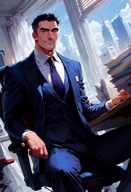 score_9, score_8_up, score_7_up, high quality, detailed, concept art, realistic, mid waist portrait, 
BREAK
,1man, solo, large bara, similar in appearance to rufus sewell, in a modern office, mature male, CEO, touseled black hair with grey at temples, short hair, grey eyes, discerning features, attractive older features, white skin, short black hair grey sides, bara, muscular old man, stubble, dark eyebrows, sitting comfortably in office chair, at his desk, sitting at desk, leaning back in chair, business suit, suit, business jacket, suit, necktie, business slacks, broad shoulders, clean shaven, in his mid 40s, tall, casual pose, LA skyline in the background, expressive, perfecteyes